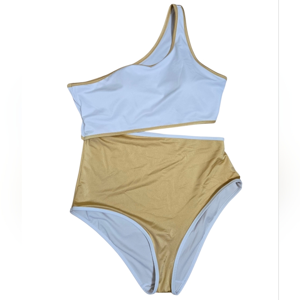 NWT Victoria Secrets One Shoulder  White and Gold Swimsut Size XL